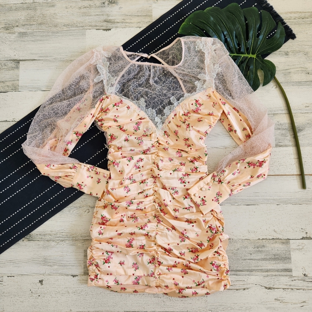 For Love And Lemons Aster Floral Mini Dress Peach NWT Size Small - Picture 2 of 14